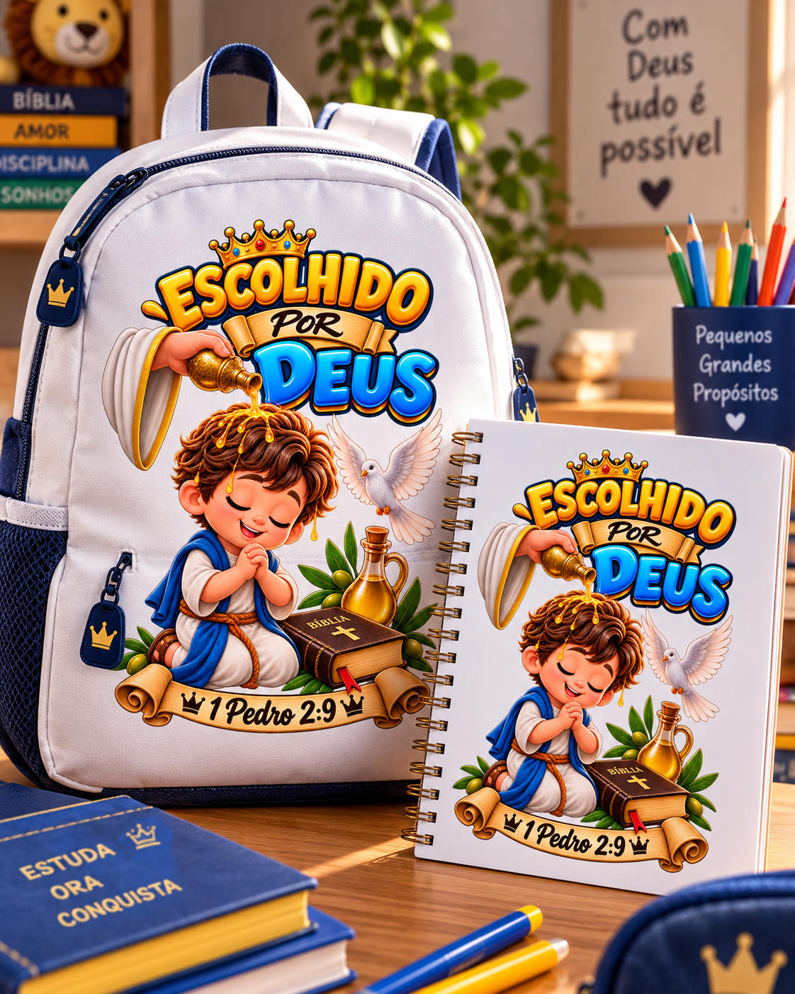 Arte Escolhido por Deus aplicada em mochila e caderno