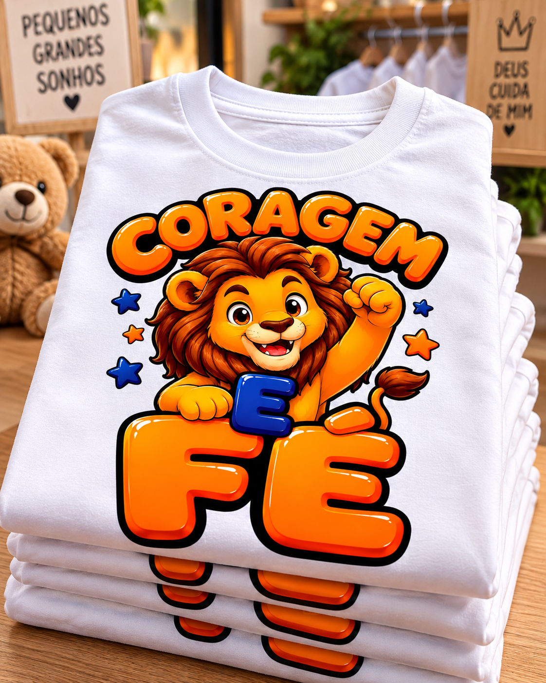 Camiseta infantil Coragem e Fé