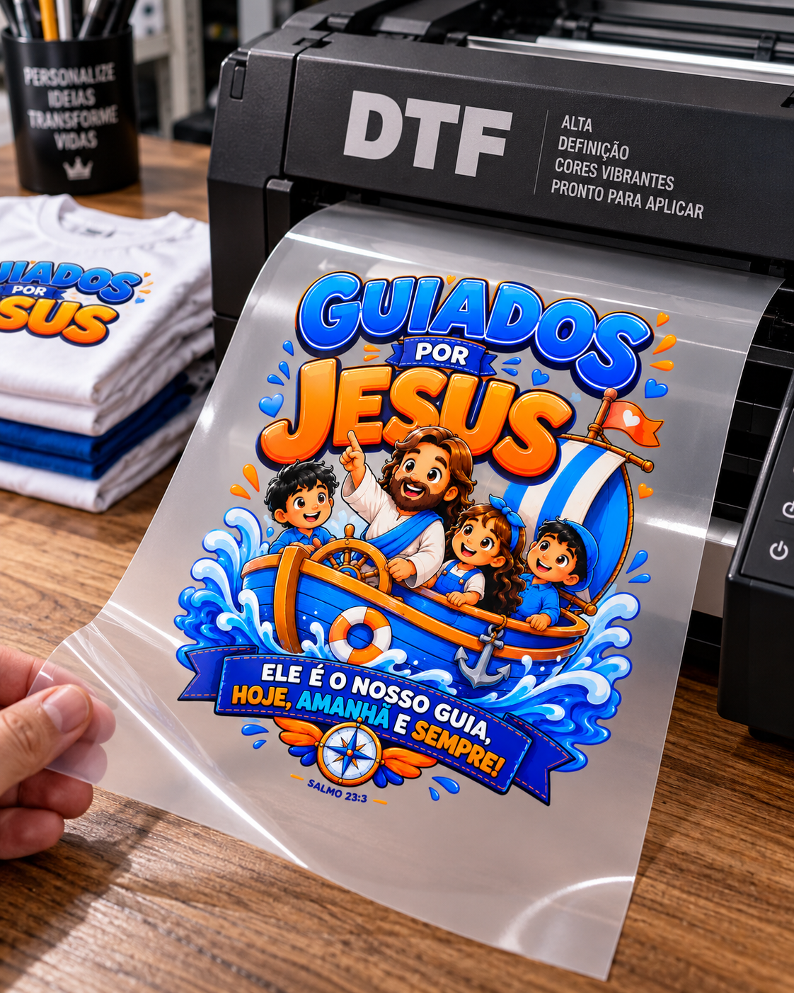 Arte Guiados por Jesus impressa em filme DTF