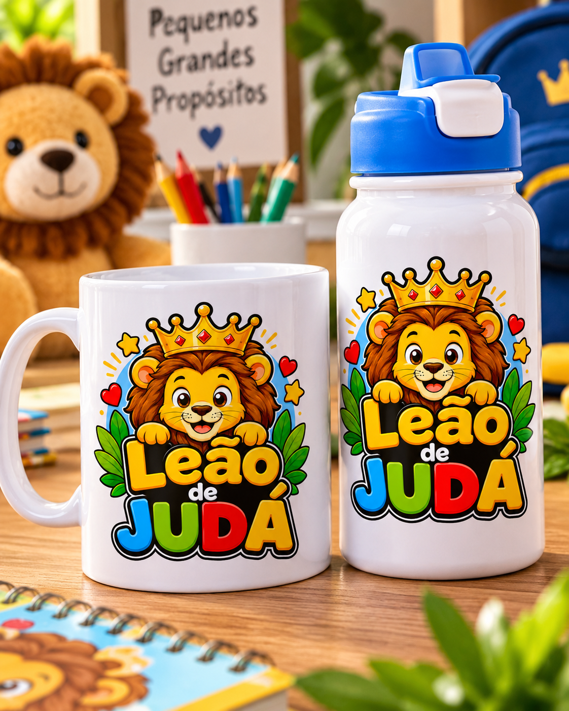 Arte Leão de Judá aplicada em caneca e garrafa
